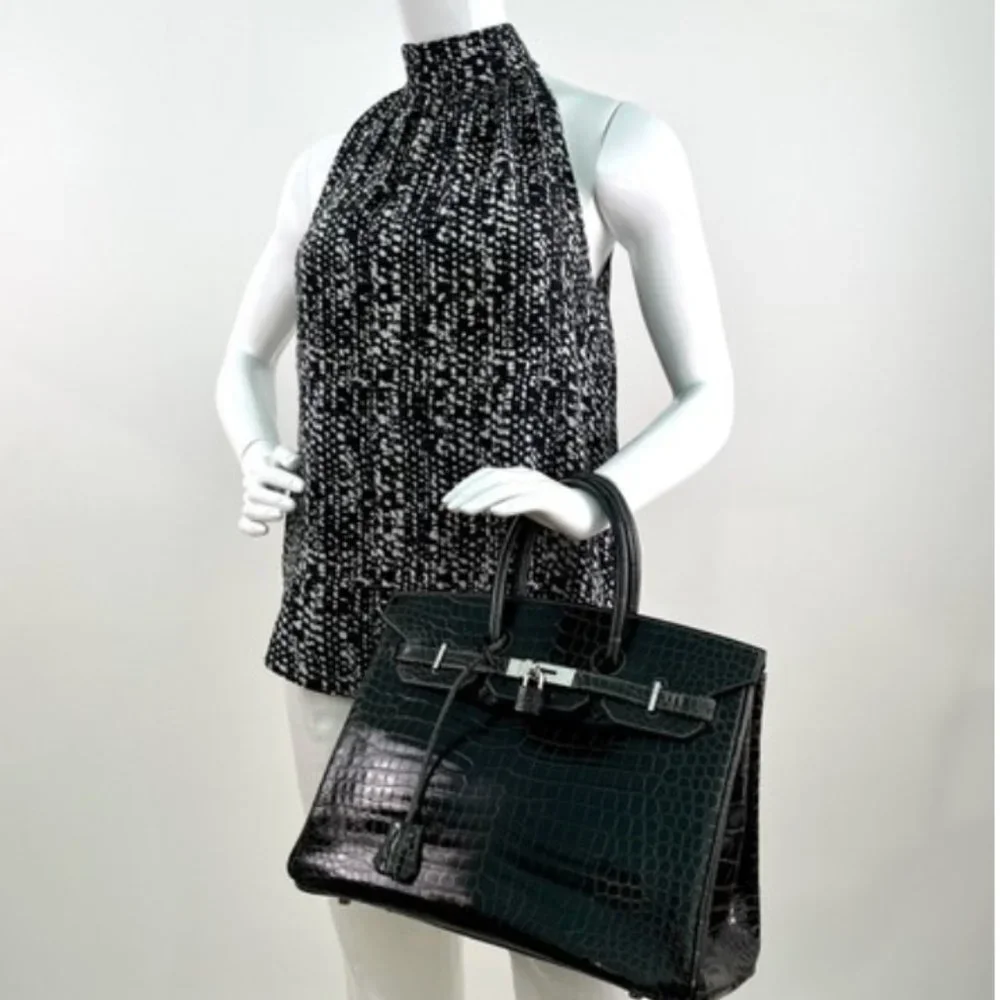 Hermes Shiny Porosus Crocodile Skin Birkin 35 w Palladium HW in Graphite - Picture 3 of 13